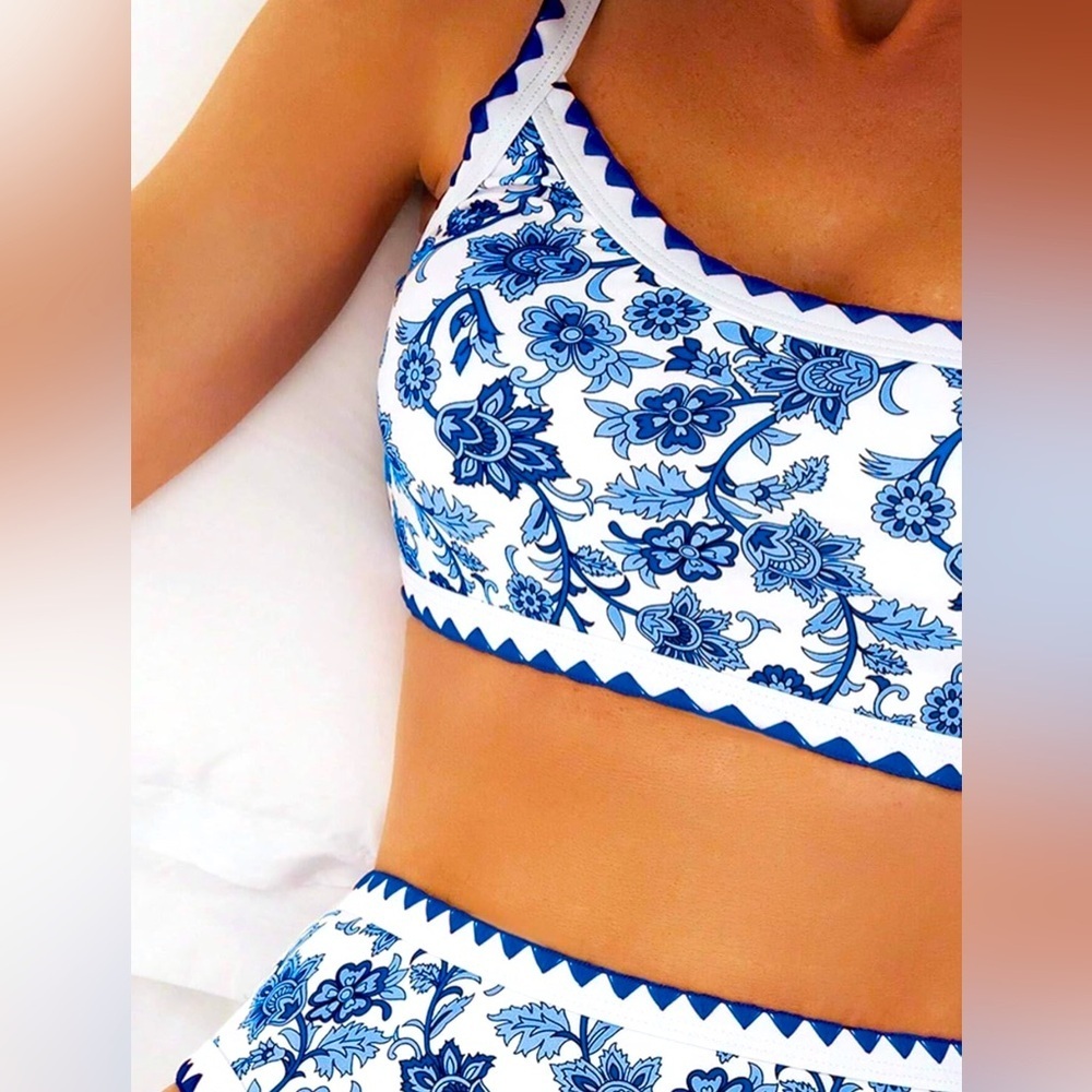 NWOT-2pc Bikini Sets Boho Floral Printed 1 Shoulder High Cut Bathing Suit - Picture 3 of 4